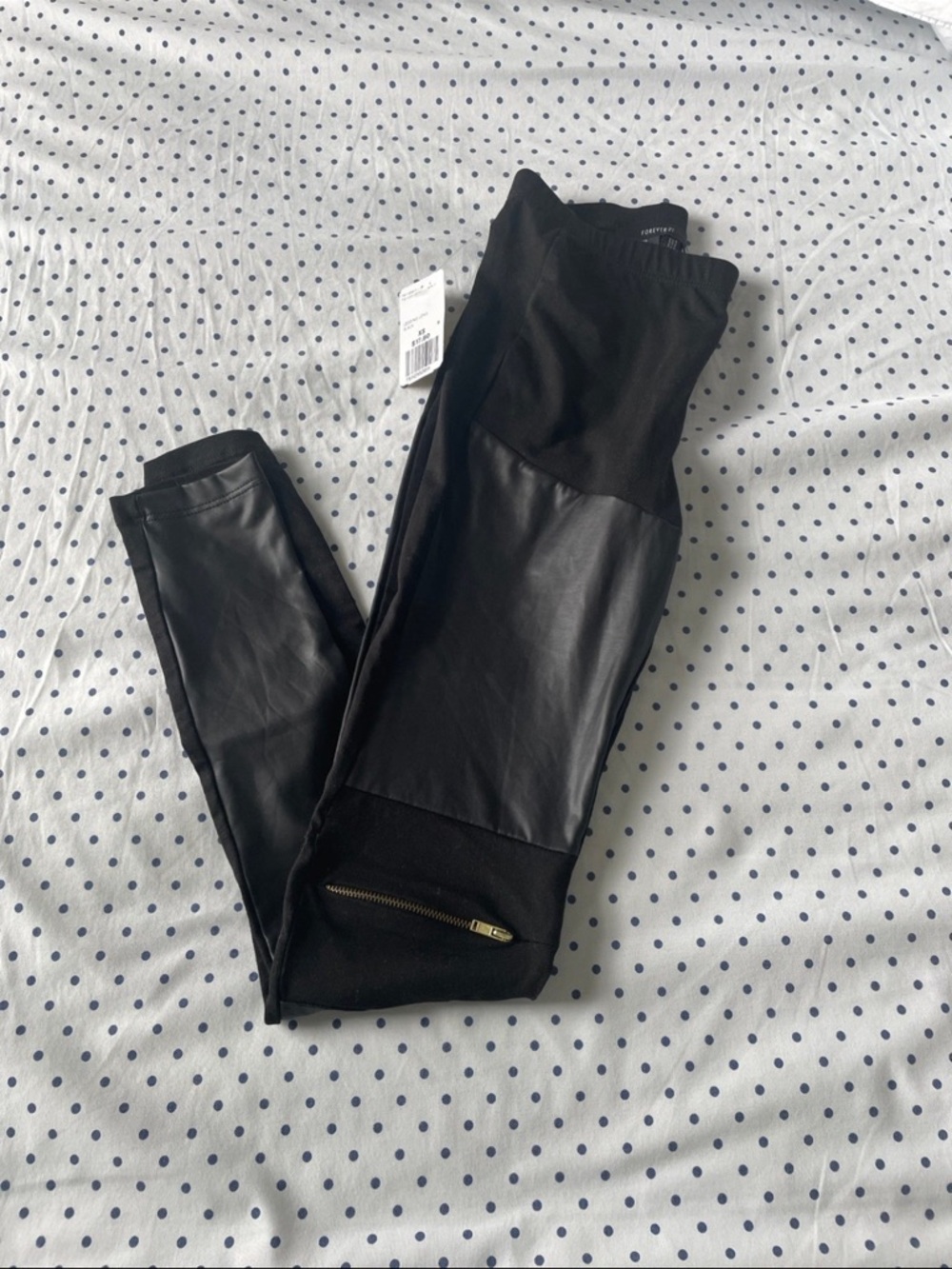 Forever 21 Black Faux Leather Panel Leggings with Zipper Detail